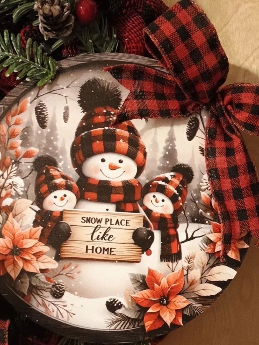 Red Buffalo Plaid Holiday Wreath with Snowman Accent